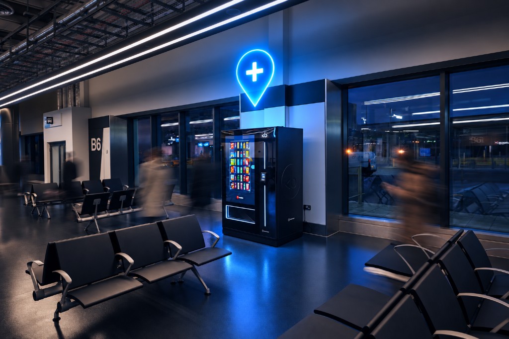Bright.Blue machine in an airport lounge